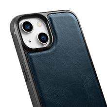 Заредете изображение във визуализатора на галерията – iCarer Leather Oil Wax case with genuine leather cover for iPhone 14 (MagSafe compatible) blue (WMI14220717-BU) - TopMag
