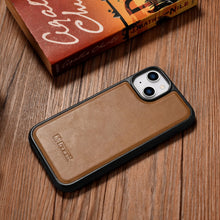 Заредете изображение във визуализатора на галерията – iCarer Leather Oil Wax case with genuine leather cover for iPhone 14 (MagSafe compatible) brown (WMI14220717-TN) - TopMag
