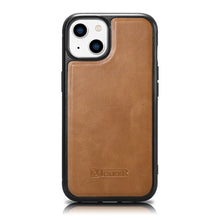 Заредете изображение във визуализатора на галерията – iCarer Leather Oil Wax case with genuine leather cover for iPhone 14 (MagSafe compatible) brown (WMI14220717-TN) - TopMag
