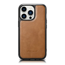Заредете изображение във визуализатора на галерията – iCarer Leather Oil Wax case with genuine leather for iPhone 14 Pro (MagSafe compatible) brown (WMI14220718-TN) - TopMag
