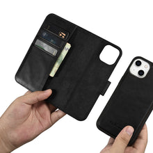 Заредете изображение във визуализатора на галерията – iCarer Oil Wax Wallet Case 2in1 case iPhone 14 Leather Flip Cover Anti-RFID black (WMI14220721-BK) - TopMag
