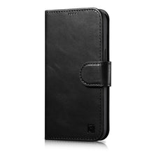 Заредете изображение във визуализатора на галерията – iCarer Oil Wax Wallet Case 2in1 case iPhone 14 Leather Flip Cover Anti-RFID black (WMI14220721-BK) - TopMag
