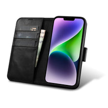 Заредете изображение във визуализатора на галерията – iCarer Oil Wax Wallet Case 2in1 case iPhone 14 Leather Flip Cover Anti-RFID black (WMI14220721-BK) - TopMag
