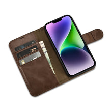 Заредете изображение във визуализатора на галерията – iCarer Oil Wax Wallet Case 2in1 case iPhone 14 Flip Leather Cover Anti-RFID brown (WMI14220721-BN) - TopMag
