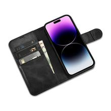 Заредете изображение във визуализатора на галерията – iCarer Oil Wax Wallet Case 2in1 iPhone 14 Pro Flip Leather Cover Anti-RFID black (WMI14220722-BK) - TopMag
