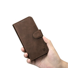 Заредете изображение във визуализатора на галерията – iCarer Oil Wax Wallet Case 2in1 iPhone 14 Pro Flip Leather Cover Anti-RFID Brown (WMI14220722-BN) - TopMag

