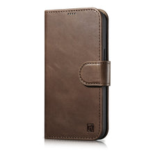 Заредете изображение във визуализатора на галерията – iCarer Oil Wax Wallet Case 2in1 iPhone 14 Pro Flip Leather Cover Anti-RFID Brown (WMI14220722-BN) - TopMag
