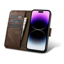 Заредете изображение във визуализатора на галерията – iCarer Oil Wax Wallet Case 2in1 iPhone 14 Pro Flip Leather Cover Anti-RFID Brown (WMI14220722-BN) - TopMag
