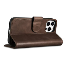 Заредете изображение във визуализатора на галерията – iCarer Oil Wax Wallet Case 2in1 iPhone 14 Pro Flip Leather Cover Anti-RFID Brown (WMI14220722-BN) - TopMag

