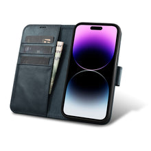 Заредете изображение във визуализатора на галерията – iCarer Oil Wax Wallet Case 2in1 iPhone 14 Pro Flip Leather Cover Anti-RFID blue (WMI14220722-BU) - TopMag
