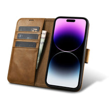 Заредете изображение във визуализатора на галерията – iCarer Oil Wax Wallet Case 2in1 iPhone 14 Pro Flip Leather Cover Anti-RFID Brown (WMI14220722-TN) - TopMag
