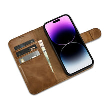Заредете изображение във визуализатора на галерията – iCarer Oil Wax Wallet Case 2in1 iPhone 14 Pro Flip Leather Cover Anti-RFID Brown (WMI14220722-TN) - TopMag
