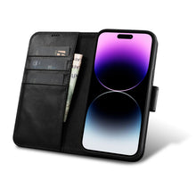 Заредете изображение във визуализатора на галерията – iCarer Oil Wax Wallet Case 2in1 iPhone 14 Pro Max Flip Leather Cover Anti-RFID black (WMI14220724-BK) - TopMag

