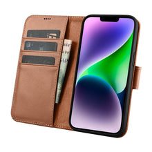 Заредете изображение във визуализатора на галерията – iCarer Wallet Case 2in1 iPhone 14 Flip Leather Anti-RFID Brown (WMI14220725-BN) - TopMag
