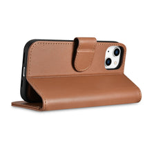 Заредете изображение във визуализатора на галерията – iCarer Wallet Case 2in1 iPhone 14 Flip Leather Anti-RFID Brown (WMI14220725-BN) - TopMag
