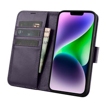 Заредете изображение във визуализатора на галерията – iCarer Wallet Case 2in1 case iPhone 14 Leather Flip Cover Anti-RFID dark purple (WMI14220725-DP) - TopMag
