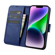Заредете изображение във визуализатора на галерията – iCarer Wallet Case 2in1 iPhone 14 Flip Leather Cover Anti-RFID blue (WMI14220725-BU) - TopMag
