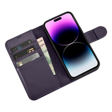 Заредете изображение във визуализатора на галерията – iCarer Wallet Case 2in1 iPhone 14 Pro Flip Leather Cover Anti-RFID dark purple (WMI14220726-DP) - TopMag
