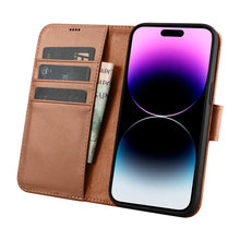 Заредете изображение във визуализатора на галерията – iCarer Wallet Case 2in1 iPhone 14 Pro Max Leather Flip Cover Anti-RFID Brown (WMI14220728-BN) - TopMag
