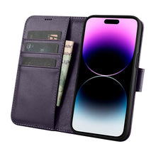 Заредете изображение във визуализатора на галерията – iCarer Wallet Case 2in1 for iPhone 14 Pro Max Leather Flip Cover Anti-RFID dark purple (WMI14220728-DP) - TopMag
