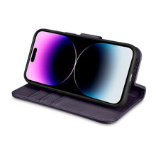 Заредете изображение във визуализатора на галерията – iCarer Wallet Case 2in1 for iPhone 14 Pro Max Leather Flip Cover Anti-RFID dark purple (WMI14220728-DP) - TopMag
