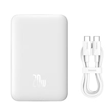 Заредете изображение във визуализатора на галерията – Baseus Magnetic Mini fast charging mini power bank 10000mAh 20W white + cable Type-C - Type-C 60W (20V / 3A) 0.5m white (PPCX030002) - TopMag
