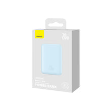 Заредете изображение във визуализатора на галерията – Baseus Magnetic Mini fast charging mini power bank 10000mAh 20W blue + cable Type-C - Type-C 60W (20V / 3A) 0.5m white (PPCX030003) - TopMag
