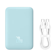 Заредете изображение във визуализатора на галерията – Baseus Magnetic Mini fast charging mini power bank 10000mAh 20W blue + cable Type-C - Type-C 60W (20V / 3A) 0.5m white (PPCX030003) - TopMag

