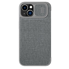 Заредете изображение във визуализатора на галерията – Nillkin Qin Cloth Pro Case Case For iPhone 14 Camera Protector Holster Cover Flip Case Gray
