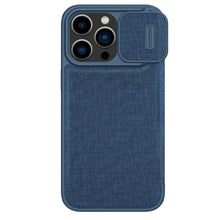 Заредете изображение във визуализатора на галерията – Nillkin Qin Cloth Pro Case Case For iPhone 14 Pro Camera Protector Holster Cover Flip Case Blue
