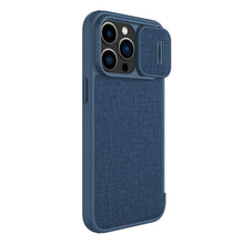 Заредете изображение във визуализатора на галерията – Nillkin Qin Cloth Pro Case Case For iPhone 14 Pro Camera Protector Holster Cover Flip Case Blue
