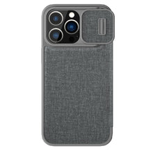 Заредете изображение във визуализатора на галерията – Nillkin Qin Cloth Pro Case Case For iPhone 14 Pro Max Camera Protector Holster Cover Flip Case Gray
