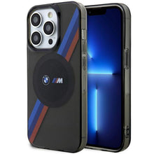 Заредете изображение във визуализатора на галерията – Case BMW BMHMP14LHDTK iPhone 14 Pro 6.1" grey/grey Tricolor Stripes MagSafe
