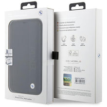 Заредете изображение във визуализатора на галерията – Case BMW BMBKP14L22RDPK iPhone 14 Pro 6.1" black/black bookcase Leather Textured&amp;Stripe
