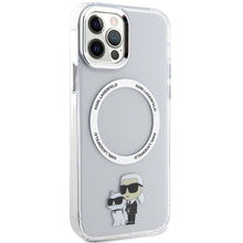 Заредете изображение във визуализатора на галерията – Original Pouch KARL LAGERFELD hardcase Iconic Karl&amp;Choupette Magsafe KLHMP12MHNKCIT for Iphone 12/12 Pro Transparent
