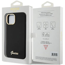 Заредете изображение във визуализатора на галерията – Guess Silicone Script Metal Logo &amp; Frame case for iPhone 15 - black
