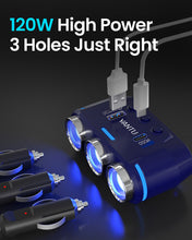 Заредете изображение във визуализатора на галерията – Car Cigarette Lighter Socket Splitter B39-C - 3 sockets + USB + Type C - QC 3.0 PD 3A 120W with display and cable
