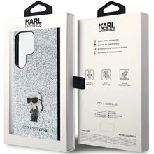 Заредете изображение във визуализатора на галерията – Karl Lagerfeld Fixed Glitter Ikonik Logo Metal Pin Case for Samsung Galaxy S24 Ultra - Silver
