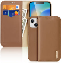 Заредете изображение във визуализатора на галерията – Dux Ducis Hivo Leather Flip Cover Genuine Leather Wallet for Cards and Documents iPhone 14 Brown - TopMag
