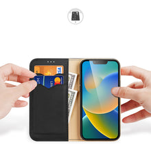 Заредете изображение във визуализатора на галерията – Dux Ducis Hivo Leather Flip Cover Genuine Leather Wallet for Cards and Documents iPhone 14 Plus Black - TopMag
