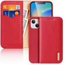 Заредете изображение във визуализатора на галерията – Dux Ducis Hivo Leather Flip Cover Genuine Leather Wallet for Cards and Documents iPhone 14 Plus Red - TopMag
