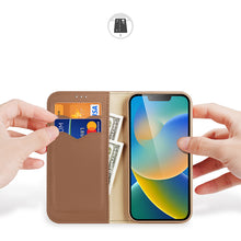 Заредете изображение във визуализатора на галерията – Dux Ducis Hivo Leather Flip Cover Genuine Leather Wallet for Cards and Documents iPhone 14 Plus Brown - TopMag
