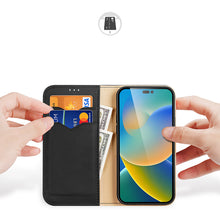 Заредете изображение във визуализатора на галерията – Dux Ducis Hivo Leather Flip Cover Genuine Leather Wallet for Cards and Documents iPhone 14 Pro Max Black - TopMag
