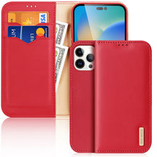 Заредете изображение във визуализатора на галерията – Dux Ducis Hivo Leather Flip Cover Genuine Leather Wallet for Cards and Documents iPhone 14 Pro Max Red - TopMag
