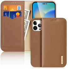 Заредете изображение във визуализатора на галерията – Dux Ducis Hivo Leather Flip Cover Genuine Leather Wallet for Cards and Documents iPhone 14 Pro Max Brown - TopMag
