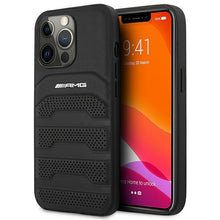 Заредете изображение във визуализатора на галерията – AMG AMHCP14XGSEBK iPhone 14 Pro Max 6,7 "black / black hardcase Leather Debossed Lines - TopMag
