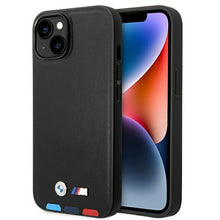 Заредете изображение във визуализатора на галерията – Case BMW BMHMP14M22PTDK iPhone 14 Plus 6.7 "black / black Leather Stamp Tricolor Magsafe - TopMag
