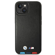 Заредете изображение във визуализатора на галерията – Case BMW BMHMP14M22PTDK iPhone 14 Plus 6.7 "black / black Leather Stamp Tricolor Magsafe - TopMag
