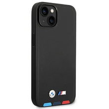 Заредете изображение във визуализатора на галерията – Case BMW BMHMP14M22PTDK iPhone 14 Plus 6.7 "black / black Leather Stamp Tricolor Magsafe - TopMag
