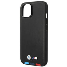 Заредете изображение във визуализатора на галерията – Case BMW BMHMP14M22PTDK iPhone 14 Plus 6.7 "black / black Leather Stamp Tricolor Magsafe - TopMag
